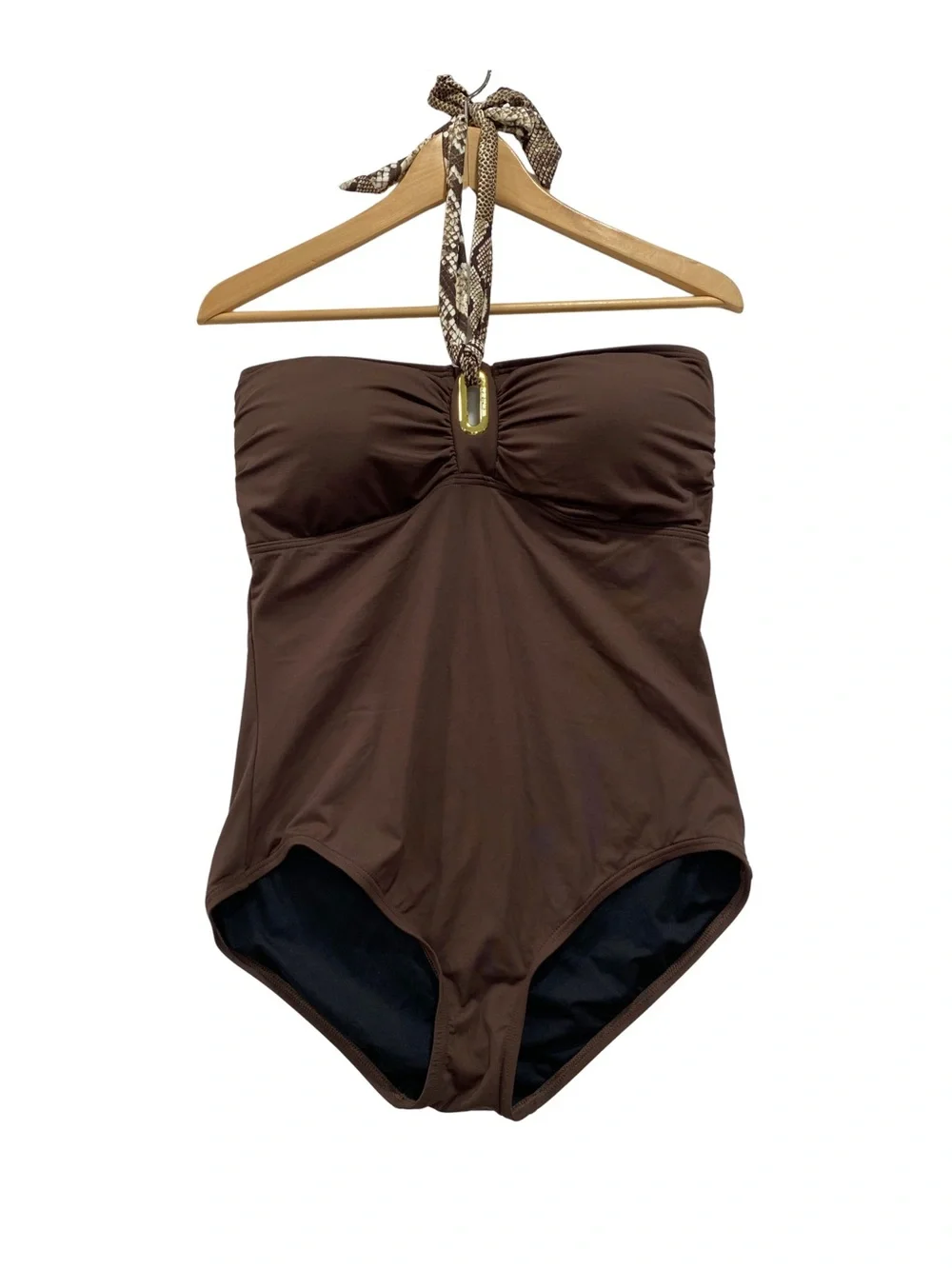 NWT Michael Kors Bandeau Halter One Piece Swimsuit Women’s Size 14 Brown Gold